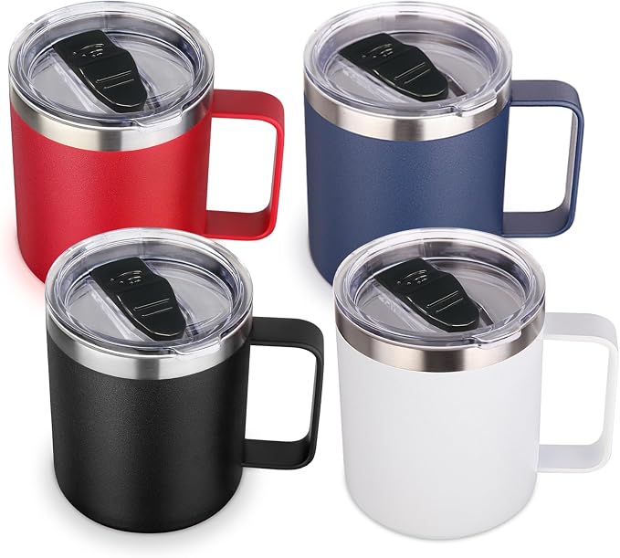 Volhoply 14oz Insulated Stainless Steel Coffee Mug with Lid Bulk 4 Pack,Double Wall Vacuum Travel Coffee Cup with Handle,Reusable Cups Tumbler,Camping Mugs Keep Hot,Ideal Gifts(Assorted,4) by LiveFully%EF%BC%8CDrinkFreely%E2%80%94KeepGoingwithVolhoply%EF%BC%81