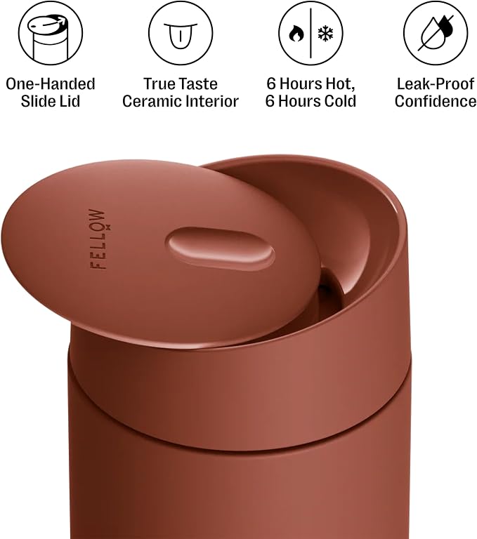 Fellow Carter Slide Ceramic Lined Travel Coffee Mug 12 oz, One-Handed Lid | No Metallic Taste Stainless Steel Coffee Tumbler, Leak-Proof, Hot 6Hr Cold 6Hr, BPA-Free, Dishwasher Safe, Sienna - Image 2
