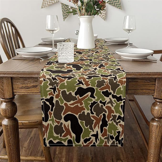 13" x 72" Duck Camouflage Table Runner Boys Girls Camo Hunting Kitchen Dining Decoration for Home Party for Kids Military Style Home Decor for Living Room Dresser Scarfs for Bedroom Green Brown - Image 3