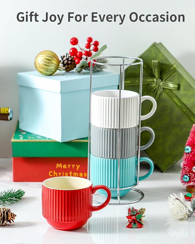 HASENSE Ceramic Coffee Mug Set of 4 with Rack - 15 oz Stacking Ribbed Latte Cups Set for Cappuccino, Tea, Hot Cocoa, Drinks - Wedding & Housewarming Gifts Assorted Colors - Image 5