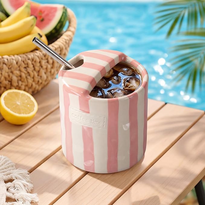 1 Pack Ceramic Coffee Mug with Sip Hole Espresso Cup 10oz with Straws Retro Hand Painted Striped Ceramic Iced Coffee Tea Travel Mug Latte Cup for Kitchen Dining (Simple,Pink) - Image 7