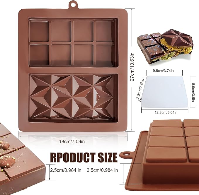 1 Pack Deep Chocolate Bar Molds, Silicone Dubai Chocolate Bar Mold, Candy Bar Mold for Stuffed Bar with Scraper