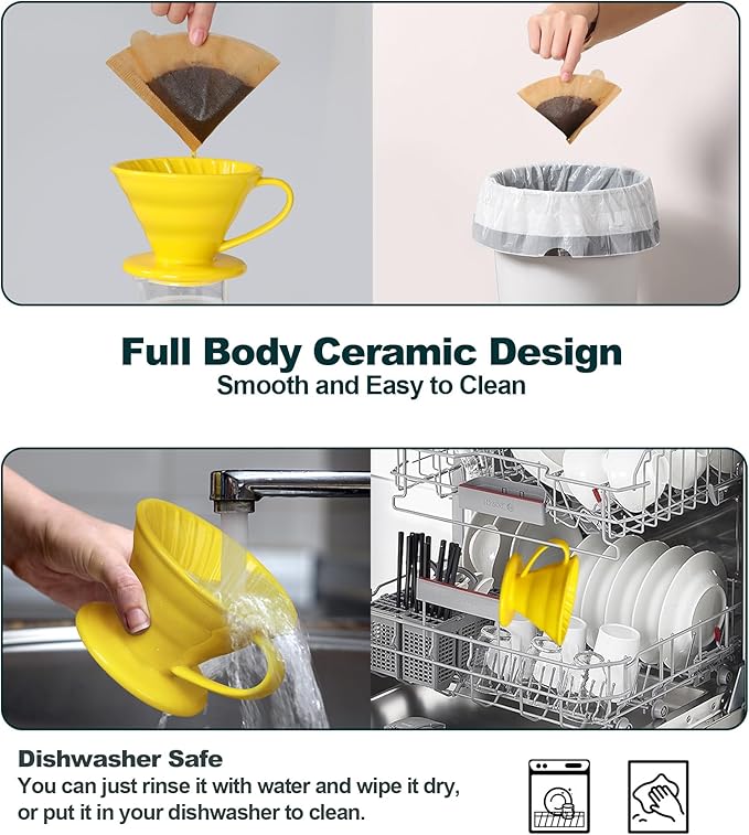 Pour Over Coffee Dripper - Ceramic Pour Over Cone, Porcelain Coffee Maker with 10Pcs Size 02 Paper Filter, Manual Brew Maker for Home, Cafe, Office - 1-4Cup, V60 Size 02 (Yellow)