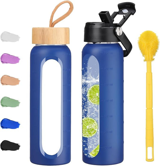 24 oz Glass Water Bottle with 2 Lids-Handle Straw Lid & Bamboo Lid,1 Liter Motivataional Tumbler Water Bottle Time Marker, Borosilicate Glass Water Bottles With Silicone Sleeve, Leakproof
