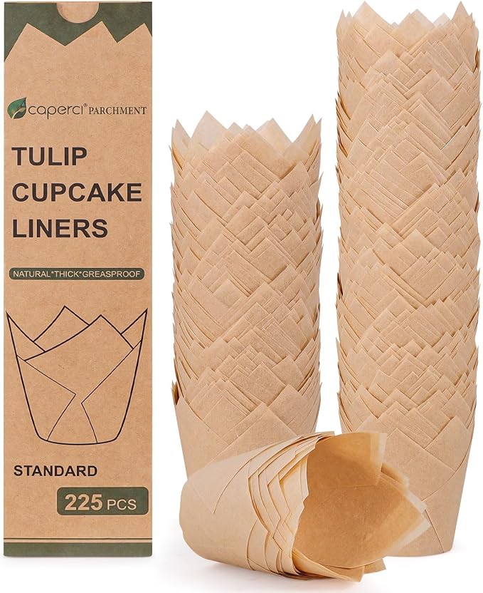 Caperci 225pcs Natural Tulip Cupcake Liners Paper for Baking Cups Unbleached European Parchment Paper, Tulip Muffin Liners Cupcake Wrapper for Party, Wedding, Christmas, Birthday by Caperci
