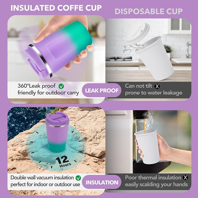 Volhoply 12 oz Double Wall Insulated Vacuum Travel Coffee Mug with Flip Lid,Reusable Stainless Steel Leak Proof Coffee Cup,Portable Iced Cafe Thermal Tumbler for Hot & Cold Drinks(Purple Green,1 Set) - Image 3