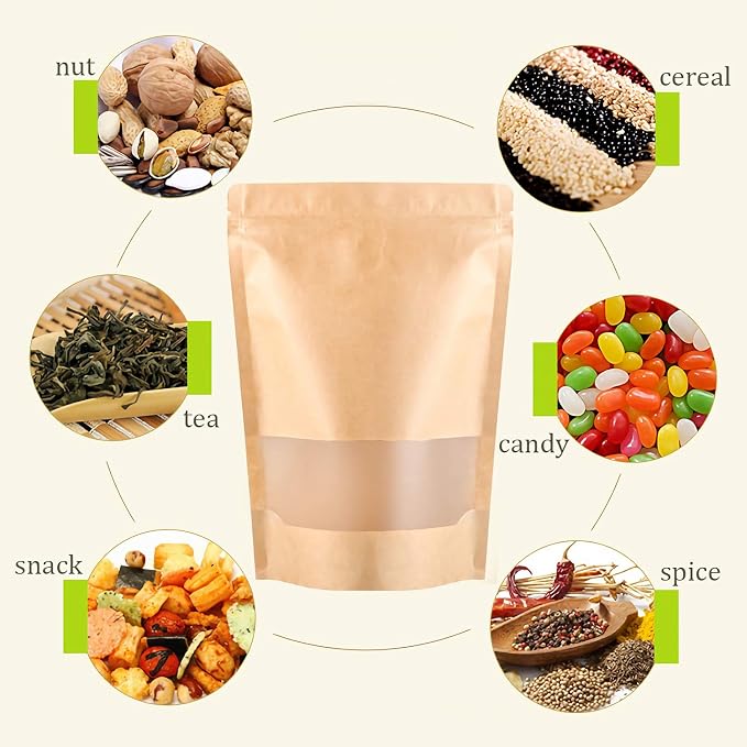Kingrol 100 Count 7 x 10.25 Inch Kraft Paper Bags with Resealable Lock Seal Zipper &Transparent Window, Stand Up Food Bags - Image 8