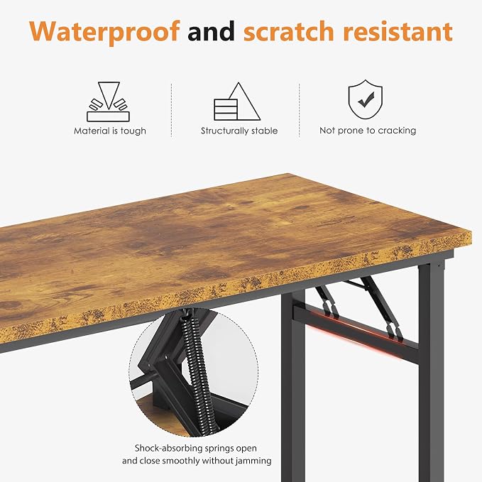 DlandHome 47 Inch Folding Computer Desk, Fully Assembled, Retro | Foldable Writing Table, Portable Activity Conference Table for Home Office, Wood Top Metal Frame, Collapsible Easy Storage - Image 3