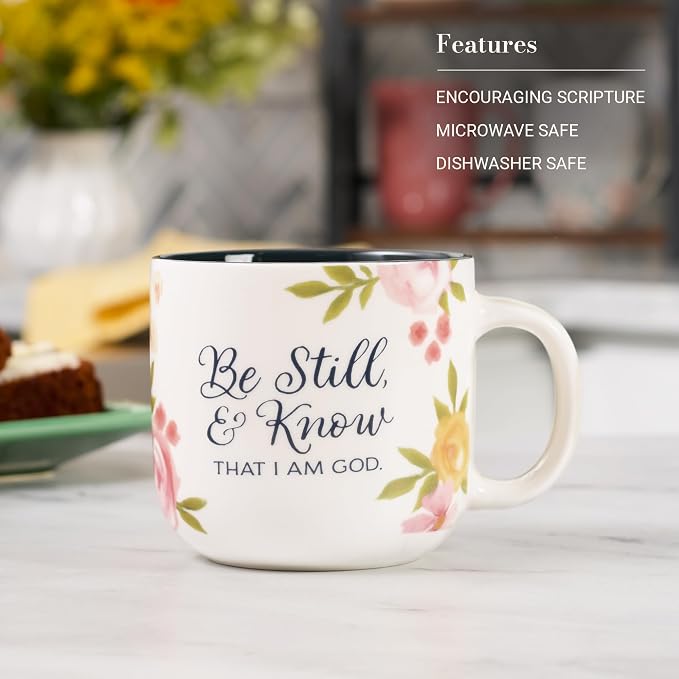 Christian Art Gifts Inspiring Ceramic Coffee Mug for Women: Psalm 46:10 Bible Verse, Dishwasher & Microwave Safe Novelty Cup, Encouraging Gift for Women, White & Navy Blue Multicolor Floral, 14 oz. - Image 3