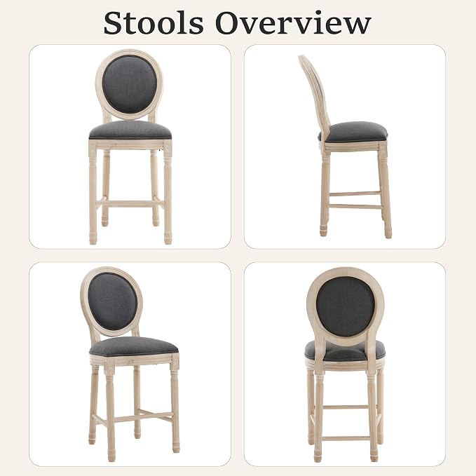 French Country Barstool, Linen Farmhouse Counter Height Chair | Set of 2, with Cushion Round Back and Solid Wood Legs, Oval Chairs for Restaurant, Bar, Kitchen, Café,Dark Grey - Image 6