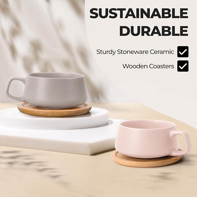 MIAMIO - Cappuccino Cup Set of 4, Ceramic, Wide (9.5oz) - Luxe (Cream Rose) | Ceramic cappuccino cups and saucers, wide latte cups and mugs for Americano, 4-piece set of ceramic cups, dishwasher safe - Image 5