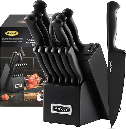 McCook Knife Set Black Kitchen Knife Block Set w Built-in Sharpener | German Forged Stainless Steel,15 PC,Razor Sharp, Anti-Rust,Ergonomic Handle,Full Tang,Dishwasher Safe,Gift Box by McCook