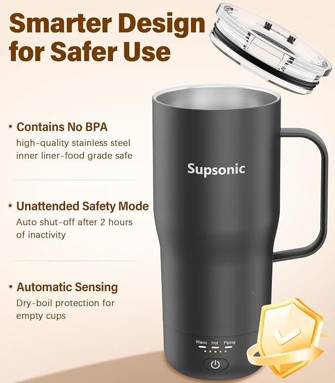 Supsonic Heated Coffee Mug Rechargeable, 20oz Long-Lasting Battery (S3) | Dry-burn protection, 2Hr auto-off, 3-Temp settings, Constant temperature, Inner stainless steel, Warm gift for men women - Image 6