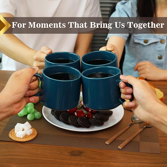 Coffee Mugs Gift Set of 4, Large 19 oz Stackable Ceramic Coffee Mug, Coffee Cups with Large Handle for Latte, Cappuccino, Milk, Dishwasher & Microwave Safe, Ideal Gift for Men, Women - Blue - Image 7