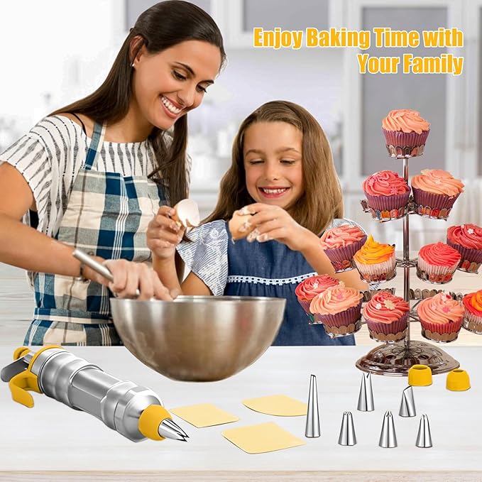 Dessert Decorating Syringe Set, Yellow Icing Decoration Set Stainless Steel Cupcake Injector/Decorating Icing Set with 6 Nozzle, 3 Scrapers, 2 Brushes for Baking Biscuit Cake Decoration (Yellow)