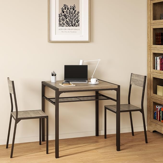 Gizoon 3-Piece Dining Table Set for 2, Small Kitchen Table & Chairs Grey | Compact grey 2-person dining set perfect for apartments. Features under-table storage rack and 2 chairs that tuck away. - Image 6