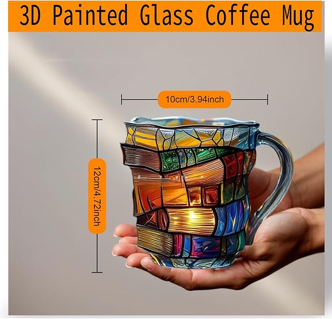 3D Painted Glass Mug Colorful Ceramic Coffee Cup 12oz, Hand-Painted Vintage Style Mug for Readers, Book Lovers, Women, Gift for Birthday or Office Use