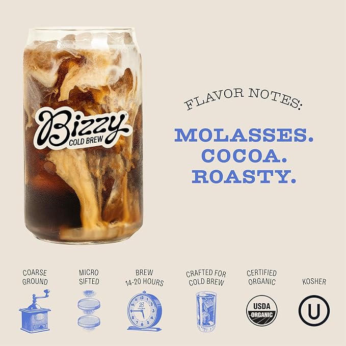 Bizzy Organic Cold Brew Coffee | Dark & Bold Blend | Coarse Ground Coffee | Dark Roast | Micro Sifted | Specialty Grade | 100% Arabica | Brew Bags | 4 Count | Makes 14 Cups