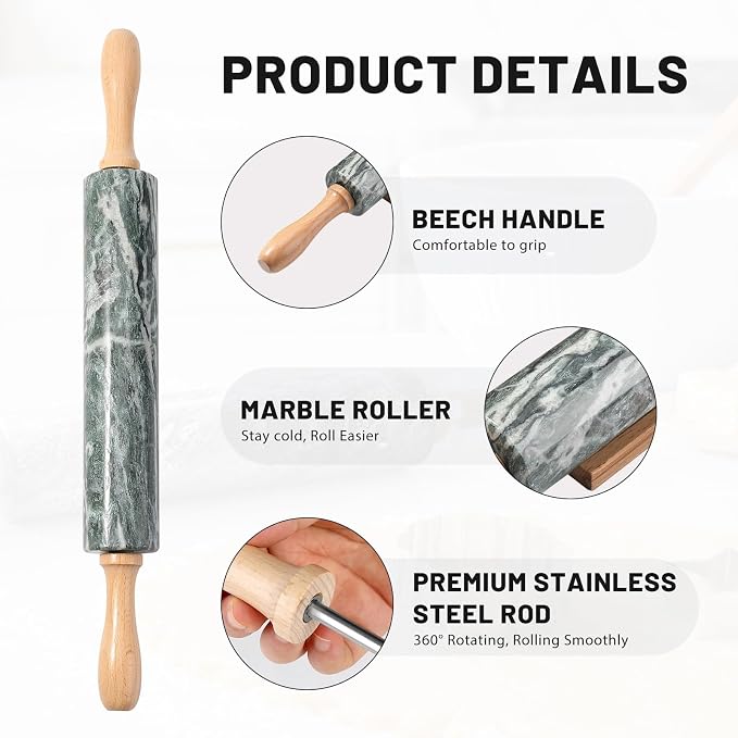 Natural Green Marble Rolling Pin, Non-Stick Polished Dough Roller, Pasta, Dumpling, Fondant, Pie Crust, Bread, Pizza Dough, Kitchen Baking Pastry Tools - Image 6