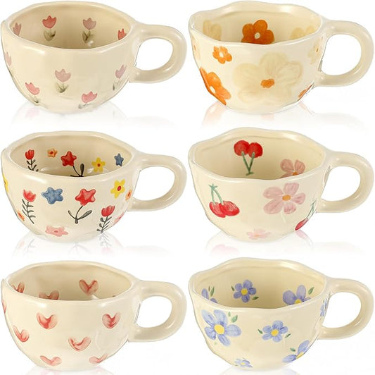 Maxdot 6 Pcs 12oz Ceramic Coffee Mugs Sets Glazing Process Cappuccino Mug Floral Ceramic Tea Cups Idea Gift Set for Women Porcelain Cup for Coffee, Cocoa, Tea, Latte (Retro) (Cute) by Maxdot