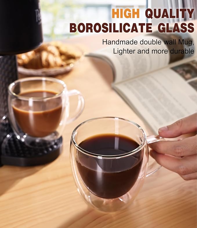 Espresso Cups Set of 2,Hand Blown 5oz Double Walled Insulated Espresso Coffee Mugs with Handle,Perfect for Cappuccino, Latte, Tea, Clear Glass Espresso Shot Cups Suitable for Coffee Machine - Image 5