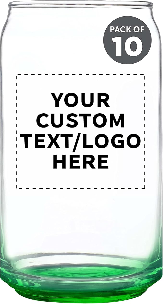 Custom Beer Can Glasses Set of 10, 16 oz. Pint Sized, Promotional Text, Logo, Soda Can Shape, Glassware, Green