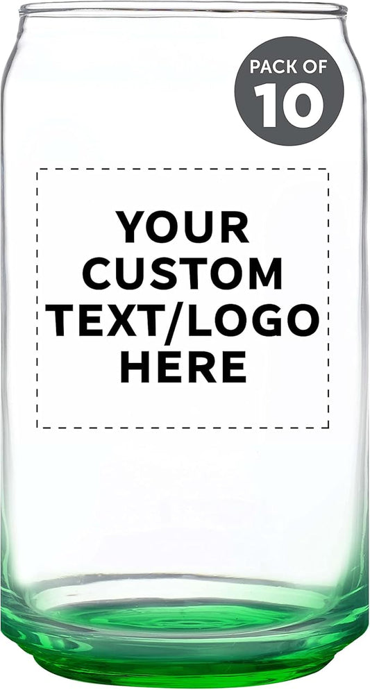 Custom Beer Can Glasses Set of 10, 16 oz. Pint Sized, Promotional Text, Logo, Soda Can Shape, Glassware, Green