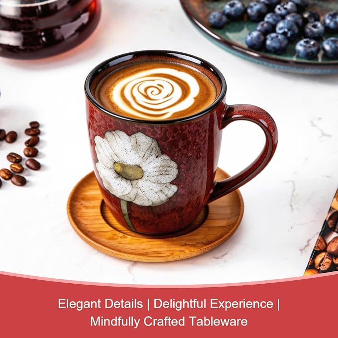 12oz Coffee Mugs Set of 4, Hand-Painted Floral Stoneware Cups with Handle, Dishwasher Microwave Oven Safe, Cappuccino Mugs for Latte, Tea, Espresso & Hot Cocoa, for Home Kitchen & Cafe, Red - Image 6
