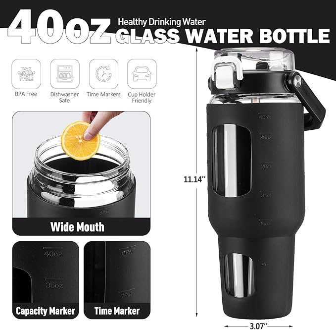 BLUEGO 40oz Glass Tumbler with Lid and Straw, Glass Water Bottles with Handle, Glass Cup with Time Marker and Silicone Sleeve, Fits Most Cup Holder, Leak-proof, Black