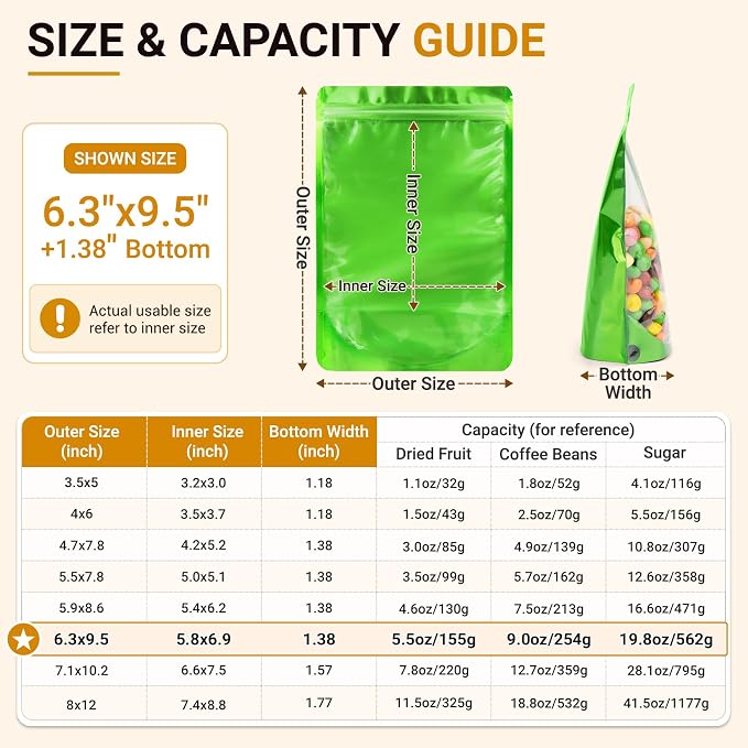 ANZNKU 100PCS Mylar Bags Resealable Small Smell Proof Bags(Green, 6.3x9.5) | Stand Up Foil Pouches Clear Window, Sealable Bags for Small Business Packaging Snack Party Favors Candy Treats Food Storage - Image 2