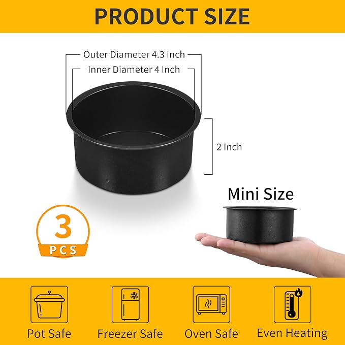 P&P CHEF 4 Inch Cake Pan Set of 3, Non-Stick Round Cake Pans | Round Cake Tins for Tier Smash Cakes, Baking Pans Set & Essential Bakeware, Stainless Steel Core & Leak-Proof - Image 2