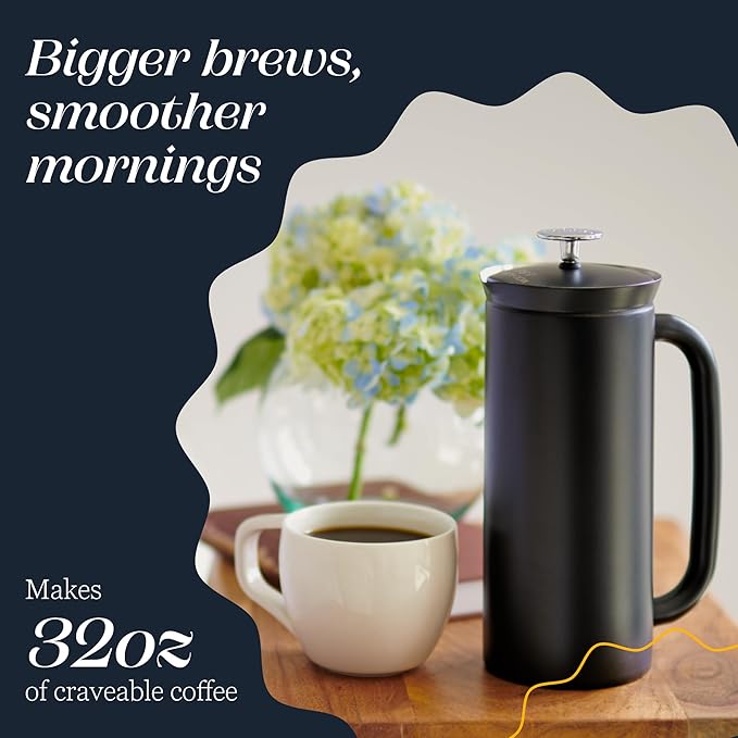 ESPRO P7 French Press Stainless Steel 304 – Patented Double Walled Micro-Filter Insulated French Press Coffee Maker, Grit-Free Brew - Heat Resistant BPA Free Coffee Maker - Matte Black(18oz)