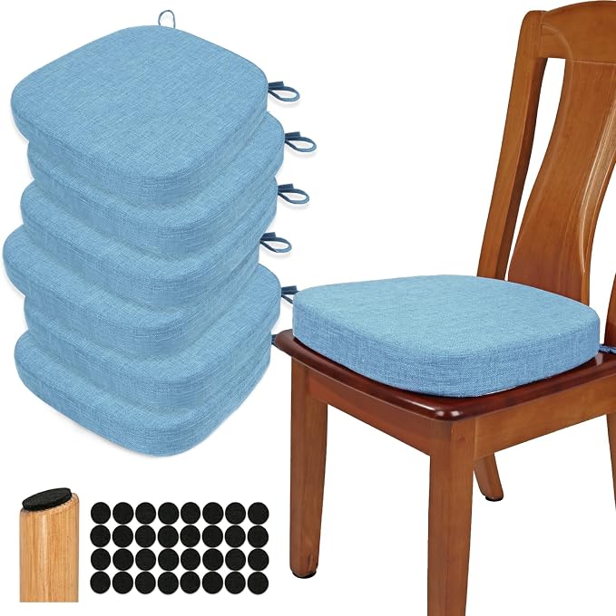 BUYUE Thickened 2.5" Dining Chair Cushions Set of 6, U-Shape High Density Foam Comfortable Chair Pads for Kitchen, Slip Resistant Indoor Seat Cushions (6 PCS, Light Blue) by BUYUE