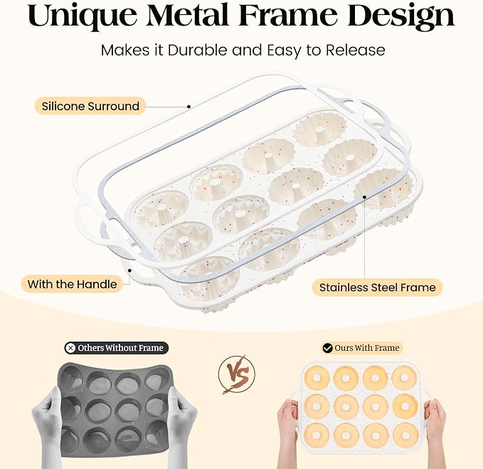 Vinino 3 Inch Mini Fluted Cake Pan, 2 Pack with Metal Frame | 4 Shapes 12 Cavity Mini Cake Mold Set for Batch Baking, Flan, Jello, Pudding, Brownies & Desserts - Image 2