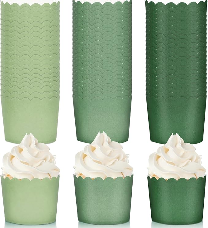 Whaline 120Pcs Sage Green Paper Baking Cups Scalloped Edge Cupcake Wrappers Gradient Green Cupcake Muffin Cases for Wedding Birthday Baby Shower, 3 Colors by Whaline