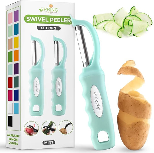 Spring Chef Swivel Vegetable Peeler w/Soft Grip Handle, Set of 2, Mint | Premium Potato Peeler w/ Ultra Sharp Stainless Steel Blades, Multifunctional Veggie Peeler for Apple, Carrot, Cucumber, Fruit by SpringChef