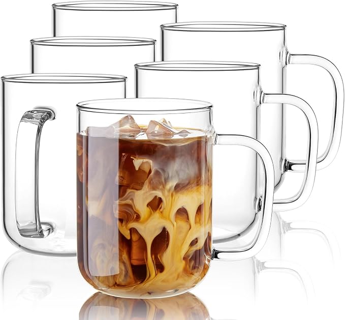 Glass Coffee Mugs, 24 oz Ice coffee cups, Large Clear Tea Cups Set of 6, Glass Mugs with Handles, Glass Cups for Latte, Cappuccino, and Tea by BWODYAY
