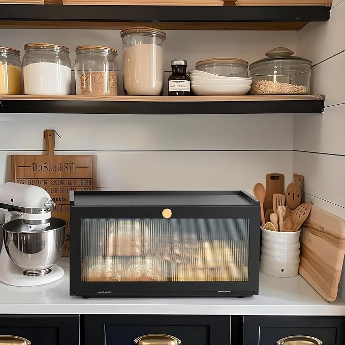 ETMI Black Bread Box for Kitchen Countertop - Modern bamboo Bread box with Window Bread Storage Container - Image 2