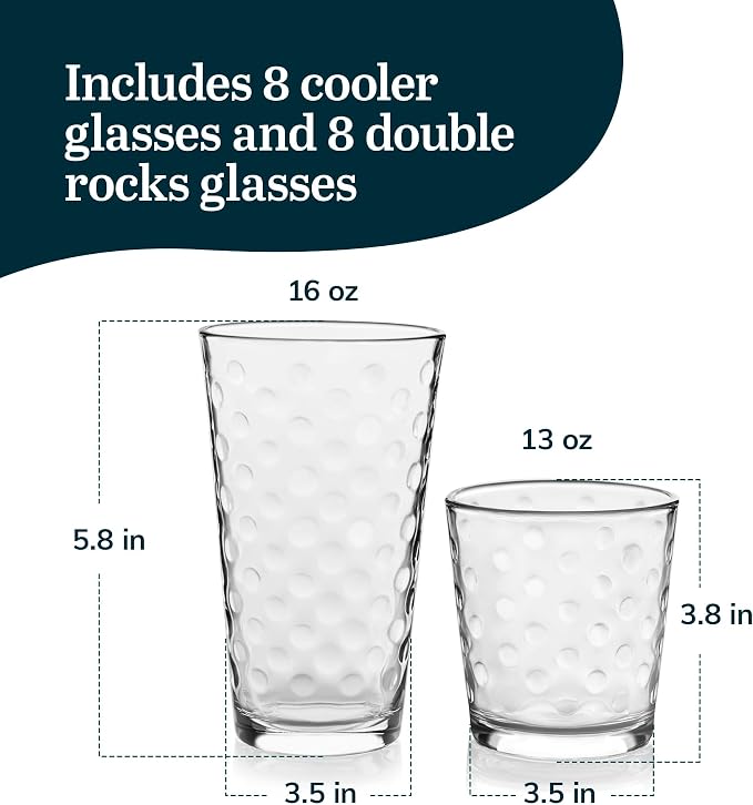 Libbey Awa Polka Dot Tumbler & Rocks Drinking Glasses Set of 16, Glass Cups | 16 oz and 13 oz Capacity Vintage-Inspired Polka Dot Texture for Water, Juice, Cocktails & More, Dishwasher Safe Cleanup - Image 3