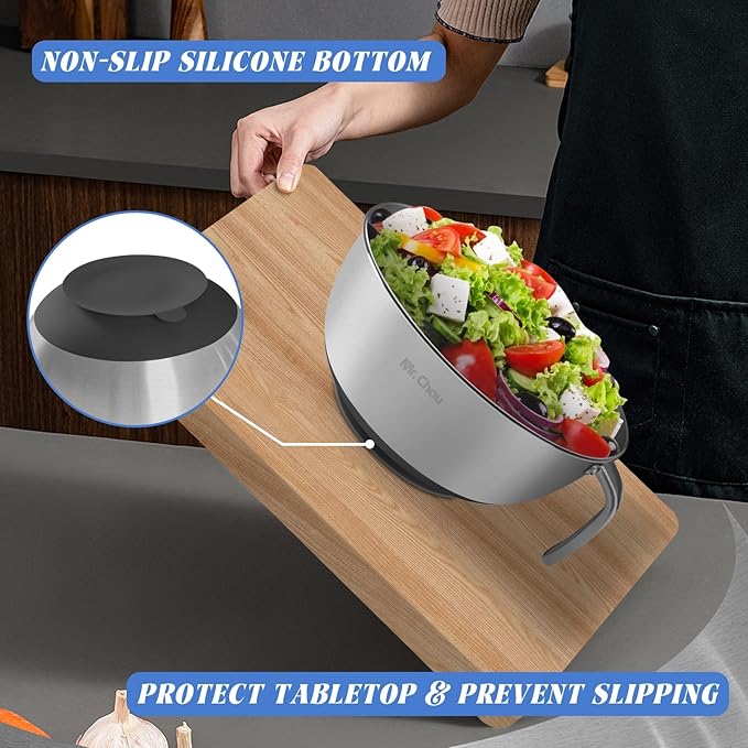Extra Large Suction Mixing Bowl SUS304 Stainless Steel w/Non-Slip Silicone Suction Cups Base, Egg Beating Bowls with Handle Baking Bowl Tool for Cooking Baking Prepping Food Storage Batter Bowl BLACK
