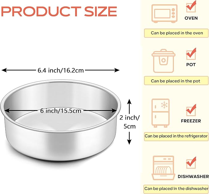 Herogo Cake Pan 6 Inch Round Set of 3, Stainless Steel Nonstick Layer Tier Birthday Wedding Cake Pans, Fit Oven Pots Pressure Cooker, Mirror Finish, Dishwasher Safe - Image 2
