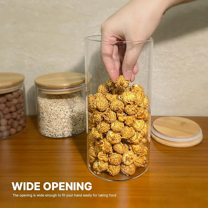 6-Pack Glass Food Storage Jars Set (3 Square + 3 Round), 37oz Airtight Clear Canisters with Bamboo Lids, Stackable Pantry Containers for Flour, Sugar, Rice, Pasta, Nuts, Candy & Spice Organization - Image 5