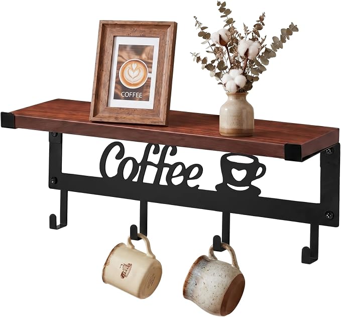 Wenqik Wall Mounted Coffee Mug Holder Black Metal and Wood with 4 Hooks Coffee Cup Holder Wall Mounted Mug Rack with Storage Shelf for Kitchen Office Farmhouse Home Decoration by Wenqik