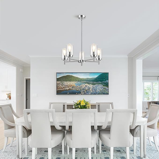 5 Lights Brushed Nickel Modern Farmhouse Chandelier for Dining Room with Glass Shade, Pre-Wired Height Adjustable Pendant Ceiling Lighting Fixture for Dining Living Room Bedroom Kitchen Foyer - Image 3
