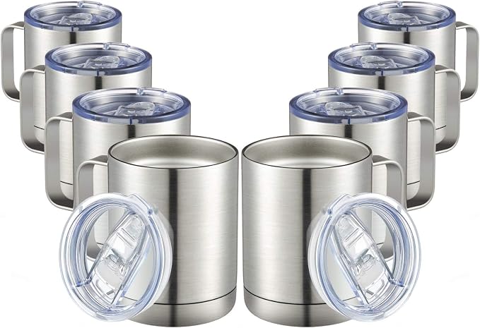 MEWAY 12oz Coffee Mug With Handle 8 Pack Bulk,Stainless Steel Insulated Travel Tumblers With Sliding Lid,Double Wall Vacuum Camping Cup for Hot & Cold Drinks Tea (Sliver,Set of 8) by MEWAY