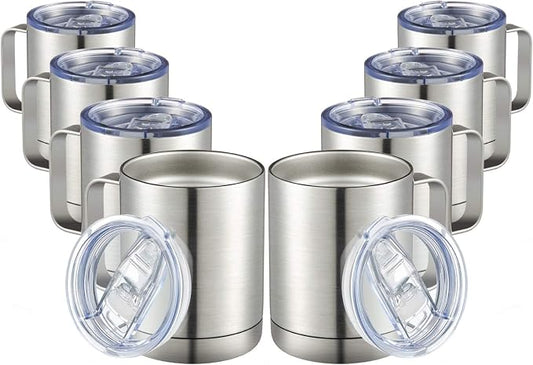 MEWAY 12oz Coffee Mug With Handle 8 Pack Bulk,Stainless Steel Insulated Travel Tumblers With Sliding Lid,Double Wall Vacuum Camping Cup for Hot & Cold Drinks Tea (Sliver,Set of 8) by MEWAY