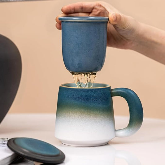 Ceramic Tea Mug with Infuser & Lid, 16oz Kiln-Transformed Unique Cup – Nature's Artisan Design, Loose Leaf Tea Cup with Infuser, Insulated Ceramic Coffee Mugs with Lid, Gift for Women/Men