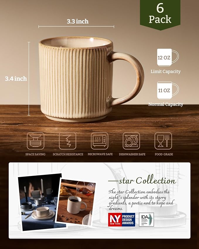 famiware Coffee Mug Set for 6, Star 12 oz Catering Mugs Cup Set with Handle for Coffee, Tea, Cocoa, Milk - Ceramic Stoneware Drinkware Set, Cream - Image 6