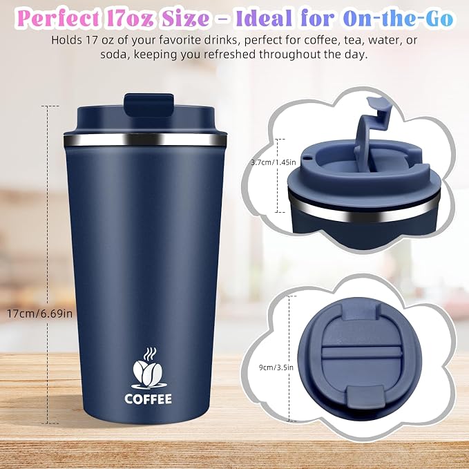 17oz Insulated Travel Coffee Mug with Flip Lid – Leakproof Stainless Steel Insulated Coffee Tumblers, Reusable Coffee Cup for Hot & Cold Drinks, Perfect for Camping & On-the-Go - Image 2