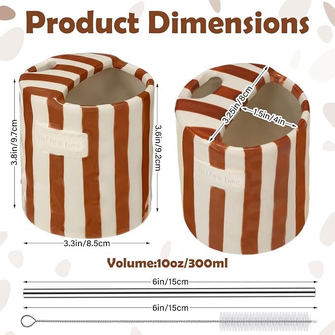 1 Pack Ceramic Coffee Mug with Sip Hole Espresso Cup 10oz with Straws Retro Hand Painted Striped Ceramic Iced Coffee Tea Travel Mug Latte Cup for Kitchen Dining (Simple,Brown) - Image 2